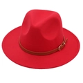 Detail of red wool fedora hat featuring a brown leather belt strap with gold buckle - Kids One Size (54cm) / Red