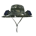 Outdoor camouflage sun hat with dual solar powered fans and breathable mesh panels - 12cm Wide Brim Dual Fan Style / Camo Green