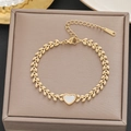 18k gold plated stainless steel leaf chain bracelet with a white heart charm - Gold Leaf Heart Decorated Bracelet (5177)