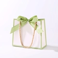 Elegant cream white gift bag with green border, silk bow, and gold rope handles - White Bag Light Green Border + Light Green Ribbon