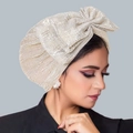 Elegant gold pleated turban hat with a large hand-stitched glittery bow for women - Beige