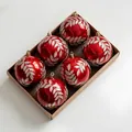 Set of 6 red 8cm Christmas ornaments with silver leaf patterns in a kraft gift box - Red Willow Leaf