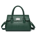 Dark green embossed leather handbag with woven handle and metal twist lock for women - Green