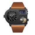 Gold-accented Oulm multi-timezone watch with black matte case and brown leather strap - Black Case Black Dial
