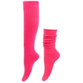 Detail of neon pink ribbed slouch socks showing extended length and folded layered effect - Rose Red