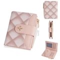 Pink quilted bifold women's short wallet with golden cross clasp and zipper pocket - Pink