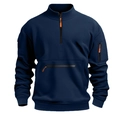 Men's navy half-zip fleece hoodie with orange contrast zipper and multiple pockets - Navy Blue