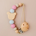 Baby pacifier clip with pastel wood bear, silicone beads, and sturdy metal clamp - Multicolor 2