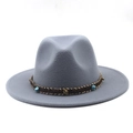 Grey wide brim fedora hat with ethnic woven band and turquoise metal accents - Light Gray