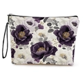 Trousse à maquillage florale avec motif rose sombre et dragonne noire pratique - 17*25cm (Lin) avec Sangle / Style Rose Violette