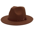 Brown wool fedora hat with wide brim and leather belt featuring metallic studs - M(56-58cm) / Khaki (3 Rivets)