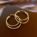 Gold plated double hoop earrings with a mix of smooth and textured finish in minimalist style - Double Layer Hoops / Gold