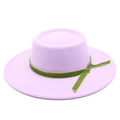 Detail of lavender wool boater hat featuring a contrasting green velvet ribbon band - M (56-58cm) / Taro Purple