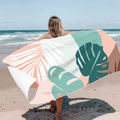 Quick-dry double-sided velvet beach towel with tropical leaves print in pink and cyan - Simple Leaves (Single-sided Print with PE Bag)