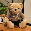 Plush teddy bear in brown hoodie and black pants with white M letter embroidery - M Letter Hoodie Set / Brown
