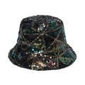 Detailed view of bucket hat featuring iridescent sequins in geometric triangle patterns - 58cm / Iridescent Blue Green Gold Geometric Sequin (D)