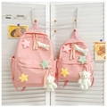 Pink canvas backpacks in two sizes with plush star patches and a cute bear keychain - Small / Single Bag / Pink