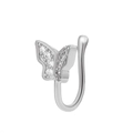 Silver butterfly non-piercing nose clip featuring sparkling rhinestones and metal finish - Butterfly Style (WG-0735) / Silver