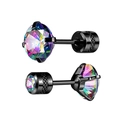 Boucles d'oreilles en acier noir avec zircons aux reflets Aurora Borealis irisés - 2mm / 1 Pièce / Noir Zircone Multicolore