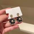 Elegant black camellia drop earrings with faux pearls and sparkling rhinestone studs - Black Flower Earrings with Silver Needle