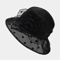 Detail eines eleganten schwarzen Sonnenhutes mit Organzablüte und Punktnetz-Krempe - Einheitsgröße / Schwarz