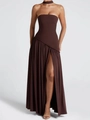 Chocolate brown strapless maxi dress with high slit and matching neck accessory - S / Coffee