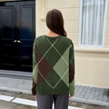 Maglione da donna in maglia con motivi a rombi verdi e marroni a maniche lunghe - S / Verde