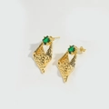 Vintage hammered gold flower earrings with green zircon stones and octagonal design - Green Zircon Gold Studs