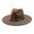 Ethnic wide brim brown fedora hat with bohemian woven band and golden shell accessory - M (56-59cm) / Coffee Suede