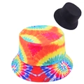 Detail showing colorful tie-dye patterns and reinforced stitching on a cotton bucket hat - Tie-dye Style 3