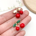 Handheld red cherry fruit pendant charm with green leaf and gold loop for DIY jewelry - KC Gold Red Enamel 3D Fruit Cherry (23413)