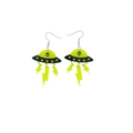 Macro detail of UFO alien earrings with fluorescent yellow acrylic lightning bolt charms - UFO Alien Lightning Style(11K15)