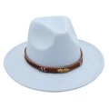 Detail of light blue fedora featuring woven band with beads and metal feather pendant - Sky Blue (Gold Feather)