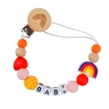 Rainbow pacifier clip with silicone beads, beech wood, and yellow crochet ball featuring BABY text - 1# (Pink Series)