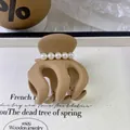 Elegant brown plush hair claw clip with pearls and octopus grip for thick hair - Large 5cm / Khaki