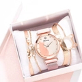 Rose gold quartz watch and bracelet set with pink strap and cat dial in gift box - Watch + Bracelet + Box / Pink