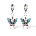 Detail of butterfly drop earrings with blue enamel wings and heart-shaped metal link - Silver