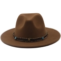 Brown wide-brim fedora hat with ethnic woven band and turquoise beaded accents - Khaki
