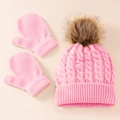 Pink cable knit winter set for kids including a warm beanie with faux fur pom and mittens - Pink Two-Piece Set