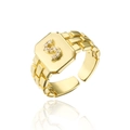 Detail of adjustable 18K gold plated ring featuring a micro-pave AAA zircon letter S - Letter S