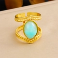 Vintage 18K gold-plated double-layer ring with an oval light blue gemstone - Double Bead Edge Blue Gem Style (R538) / Adjustable Open