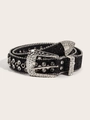 Close-up of sparkling rhinestones and silver hardware on a black glittery western belt - Black