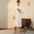 Men's white waffle knit bathrobe with absorbent texture and adjustable waist belt - Men-White