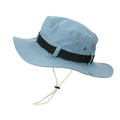 Detail of grey-blue wide brim sun hat with side vents and adjustable chin strap - One Size / Light Blue