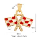 Pendentif drapeau de course doré avec émail rouge et strass brillants décoratifs - Drapeau à Damiers Rouge et Blanc
