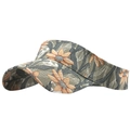Detailed side view of floral print sun visor with orange flowers and gray-green leaves - Khaki