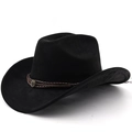 Detail of western cowboy hat featuring braided leather band and vintage metal buckle - M (56-58cm) / Black