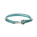 Detail of teal nautical braided rope bracelet with silver shark anchor metal clasp - Hammerhead Shark / Sky Blue