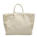 Minimalist beige canvas tote bag with fringe details and top handles on white background - Off White