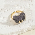 Adjustable golden open ring with bear head in purple and black cubic zirconia pavé - Adjustable / Purple
